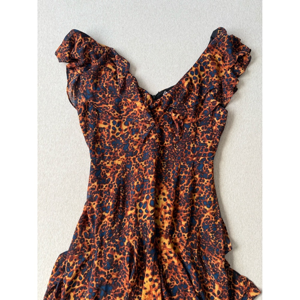 WAYF Leopard Print Ruffle Midi Dress Orange Brown Blue Sleeveless V-Neck Tiered